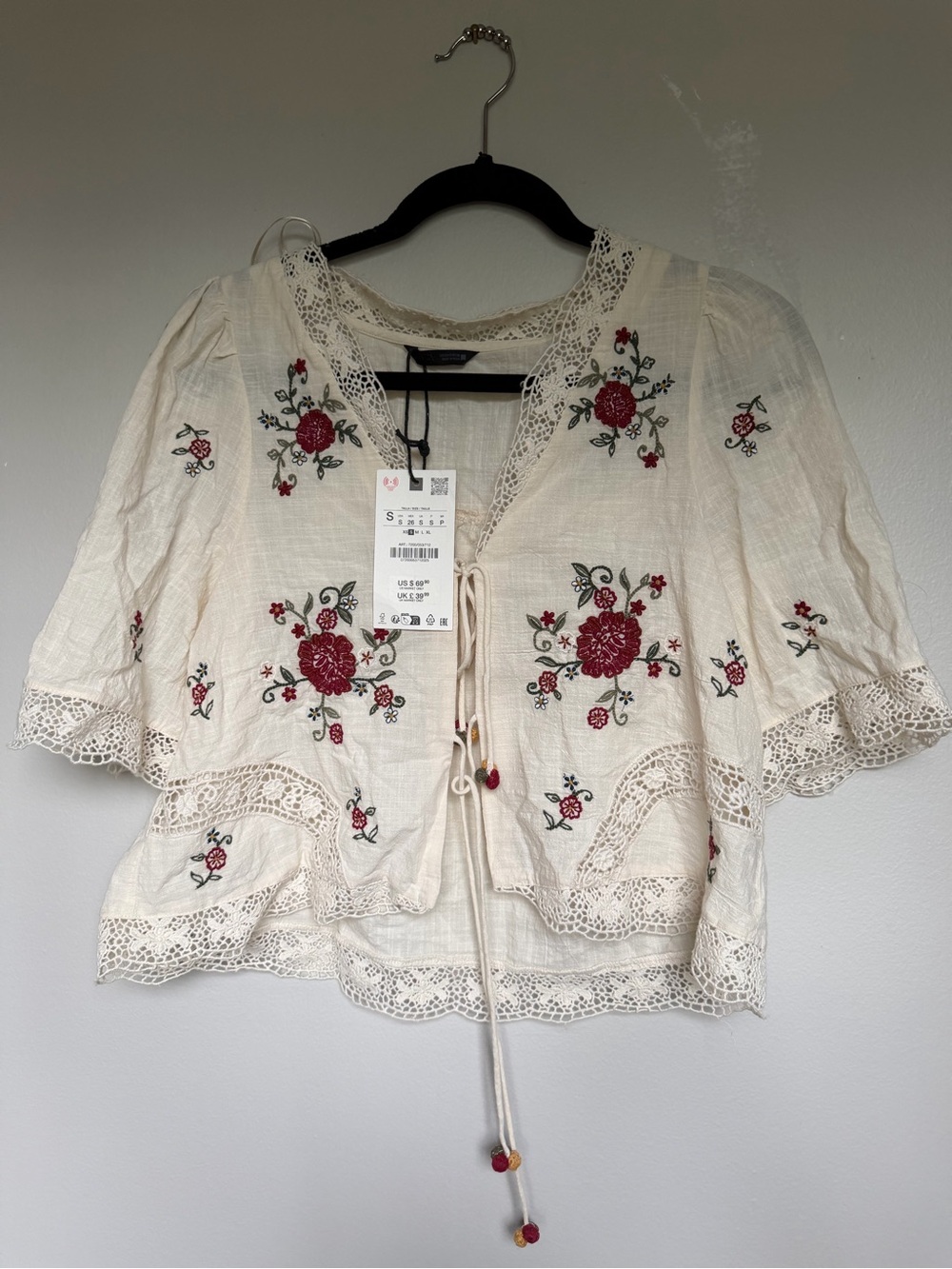 Zara Cream Embroidered Peasant Blouse with Red Floral Detail